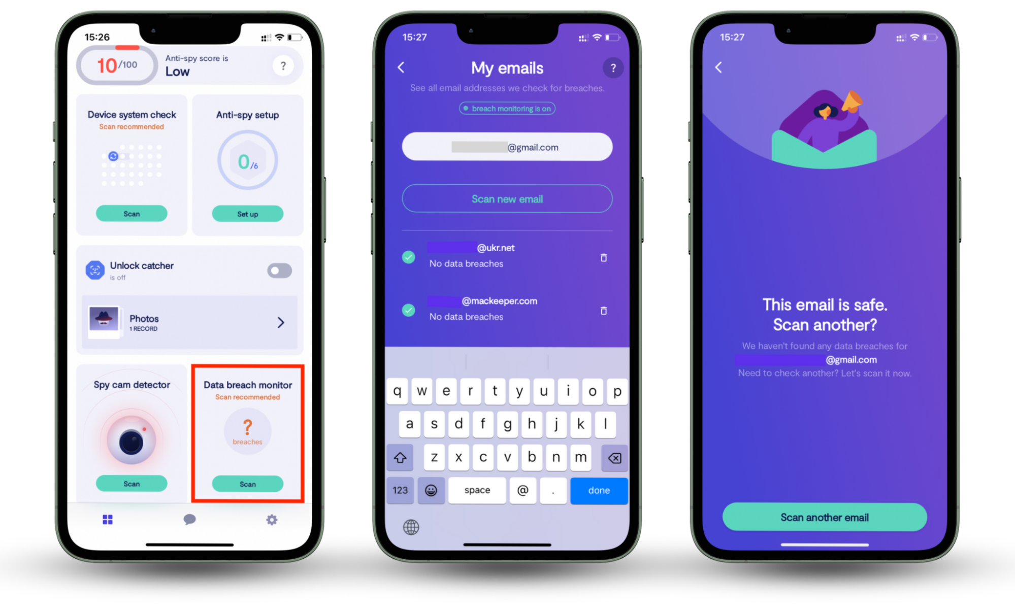 Clario Anti Spy's Data breach monitor on an iPhone, scanning for password leaks or data breaches under the user's email address. As well as downloading an ad blocker for iPhone, searching for data breaches can help keep you safe online.